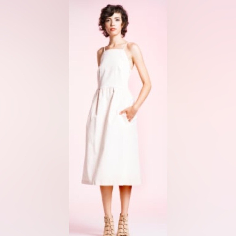 🪴SOLD Loup Powder Pink Midi Stretch Denim Dress with Pockets Size Large